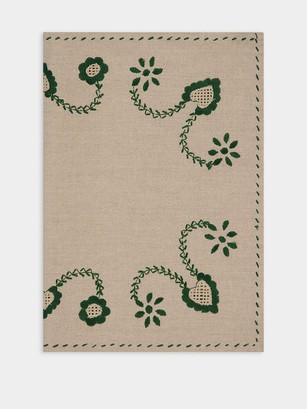 Hand-Embroidered Viana Beige Linen with Green Embroidery Placemat and Napkin Set