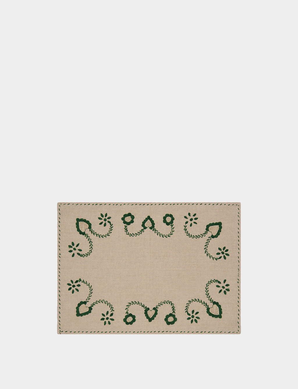 Hand-Embroidered Viana Beige Linen with Green Embroidery Placemat and Napkin Set