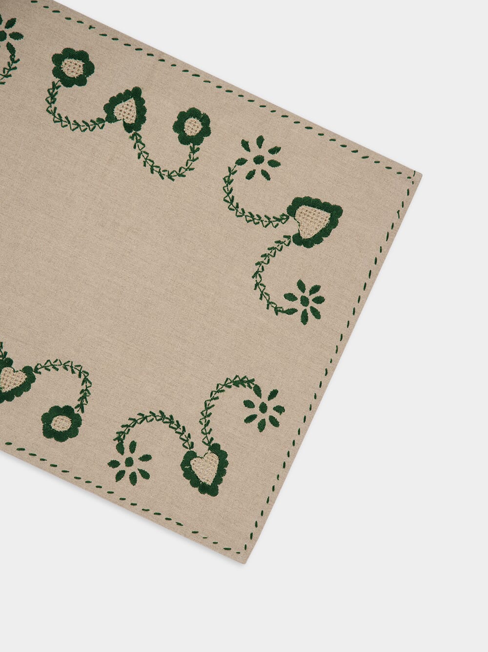 Hand-Embroidered Viana Beige Linen with Green Embroidery Placemat and Napkin Set