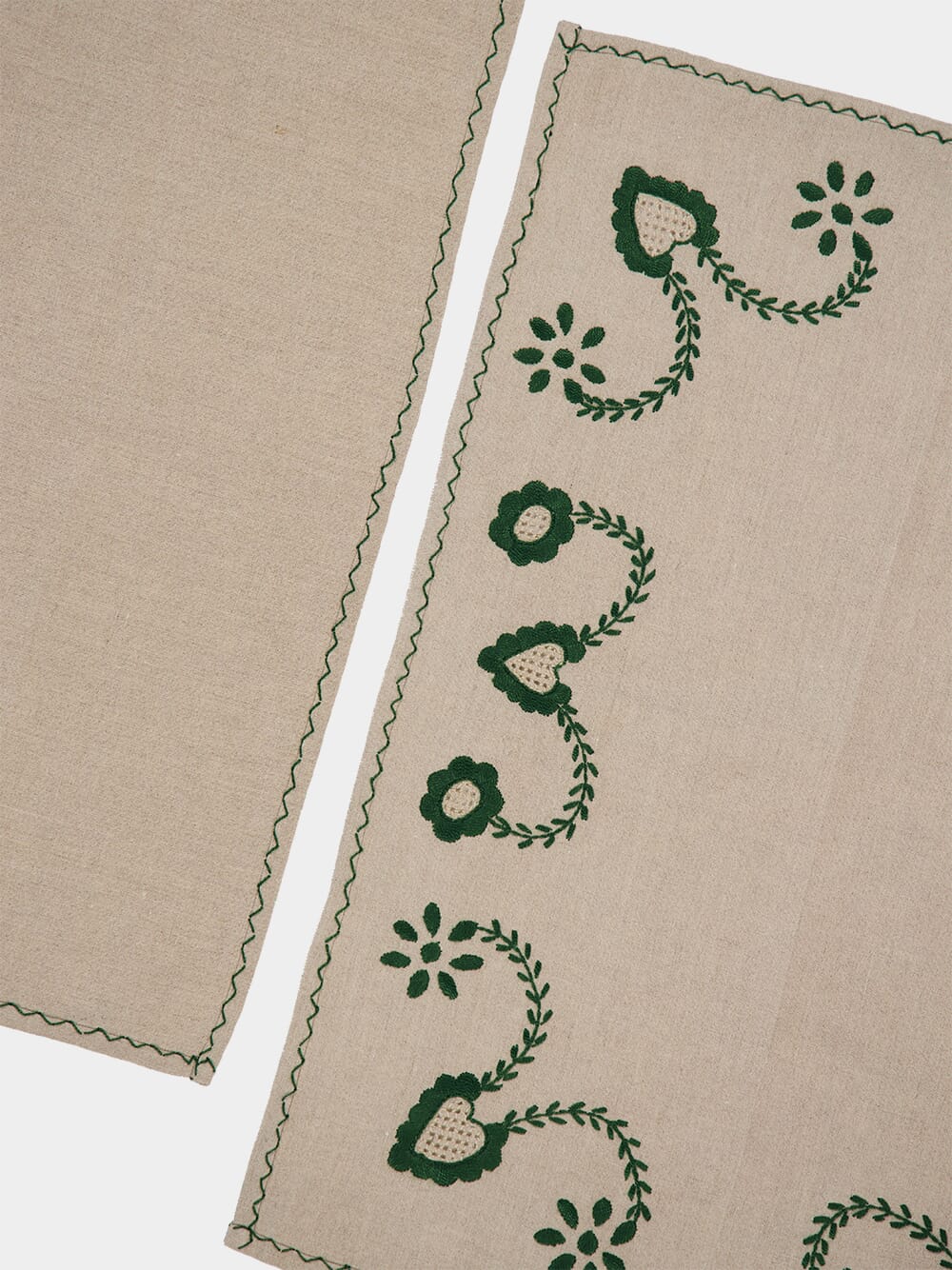 Hand-Embroidered Viana Beige Linen with Green Embroidery Placemat and Napkin Set