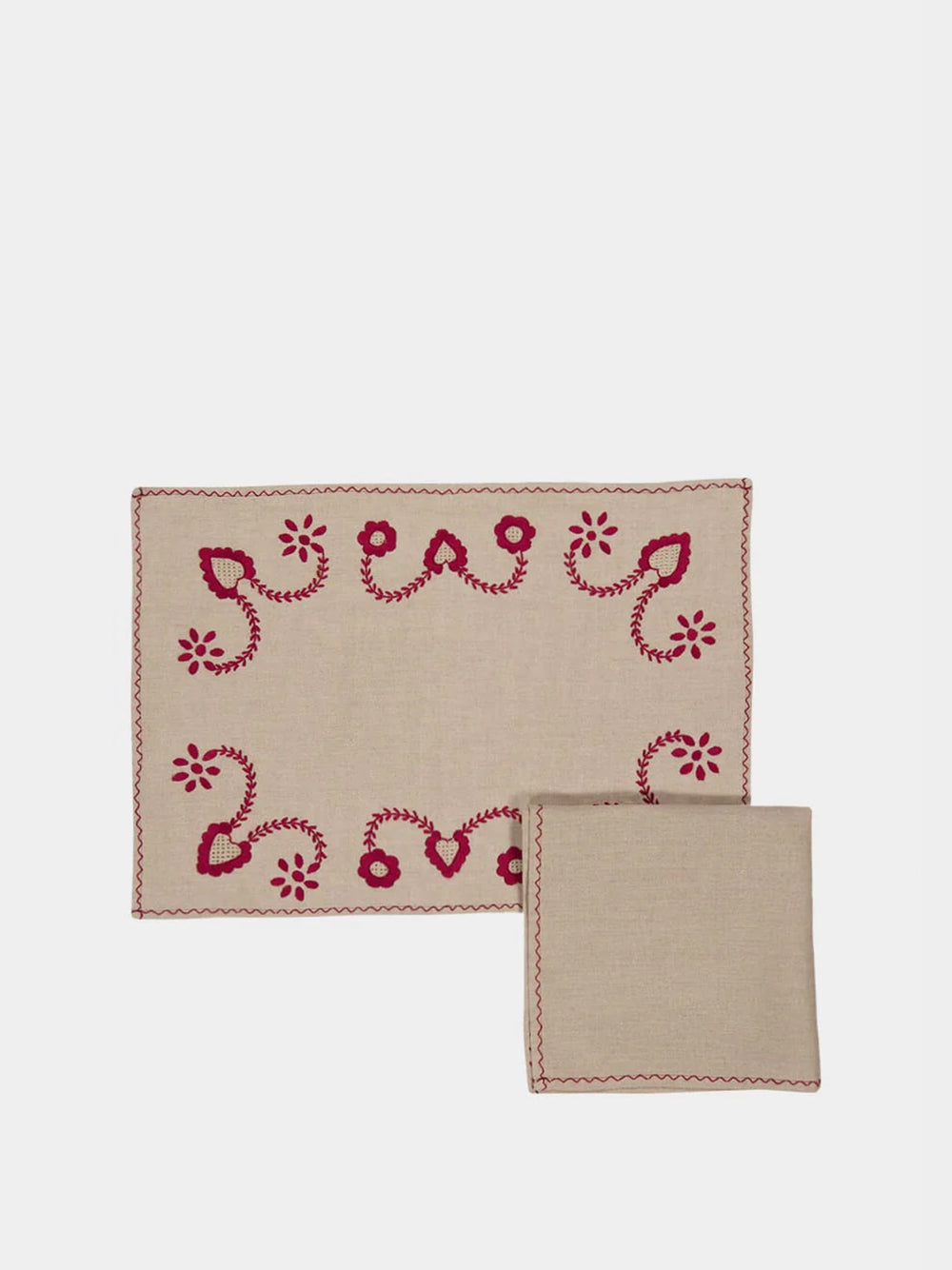 Hand-Embroidered Viana Beige Linen with Red Embroidery Placemat and Napkin Set