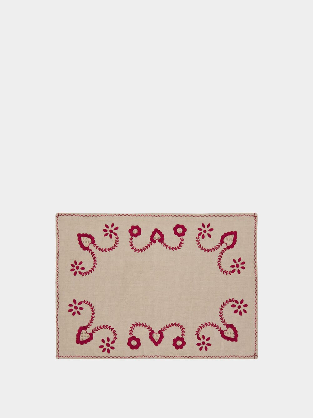 Hand-Embroidered Viana Beige Linen with Red Embroidery Placemat and Napkin Set