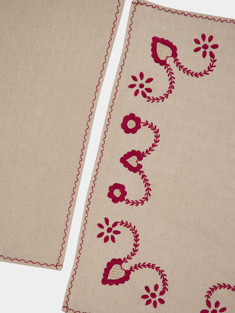 Hand-Embroidered Viana Beige Linen with Red Embroidery Placemat and Napkin Set