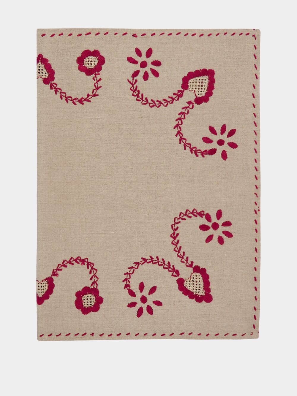 Hand-Embroidered Viana Beige Linen with Red Embroidery Placemat and Napkin Set
