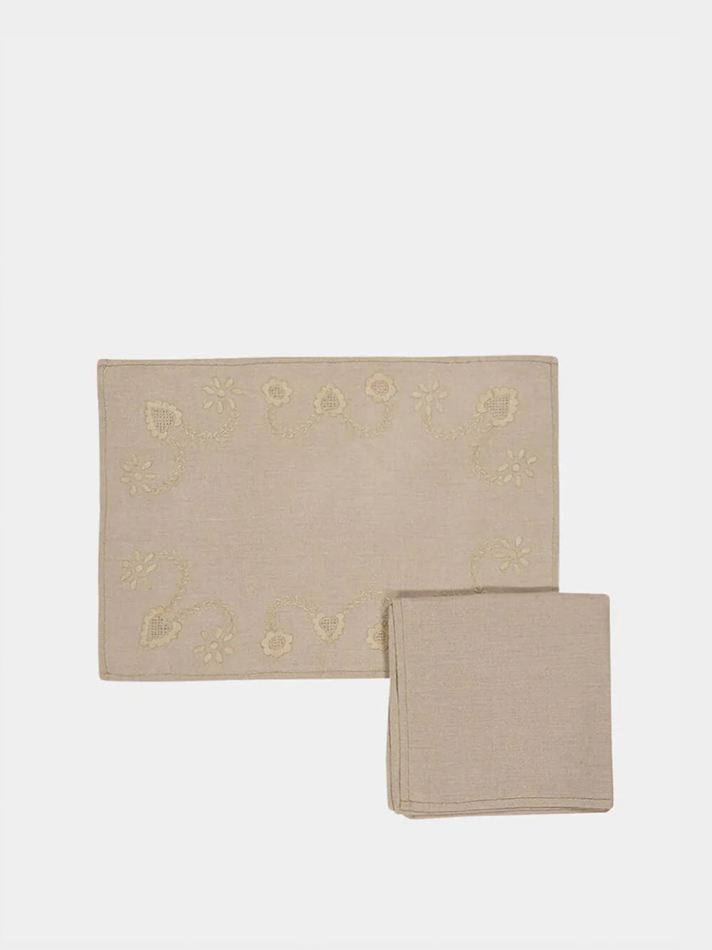 Hand-Embroidered Viana Beige Linen with Beige Embroidery Placemat and Napkin Set