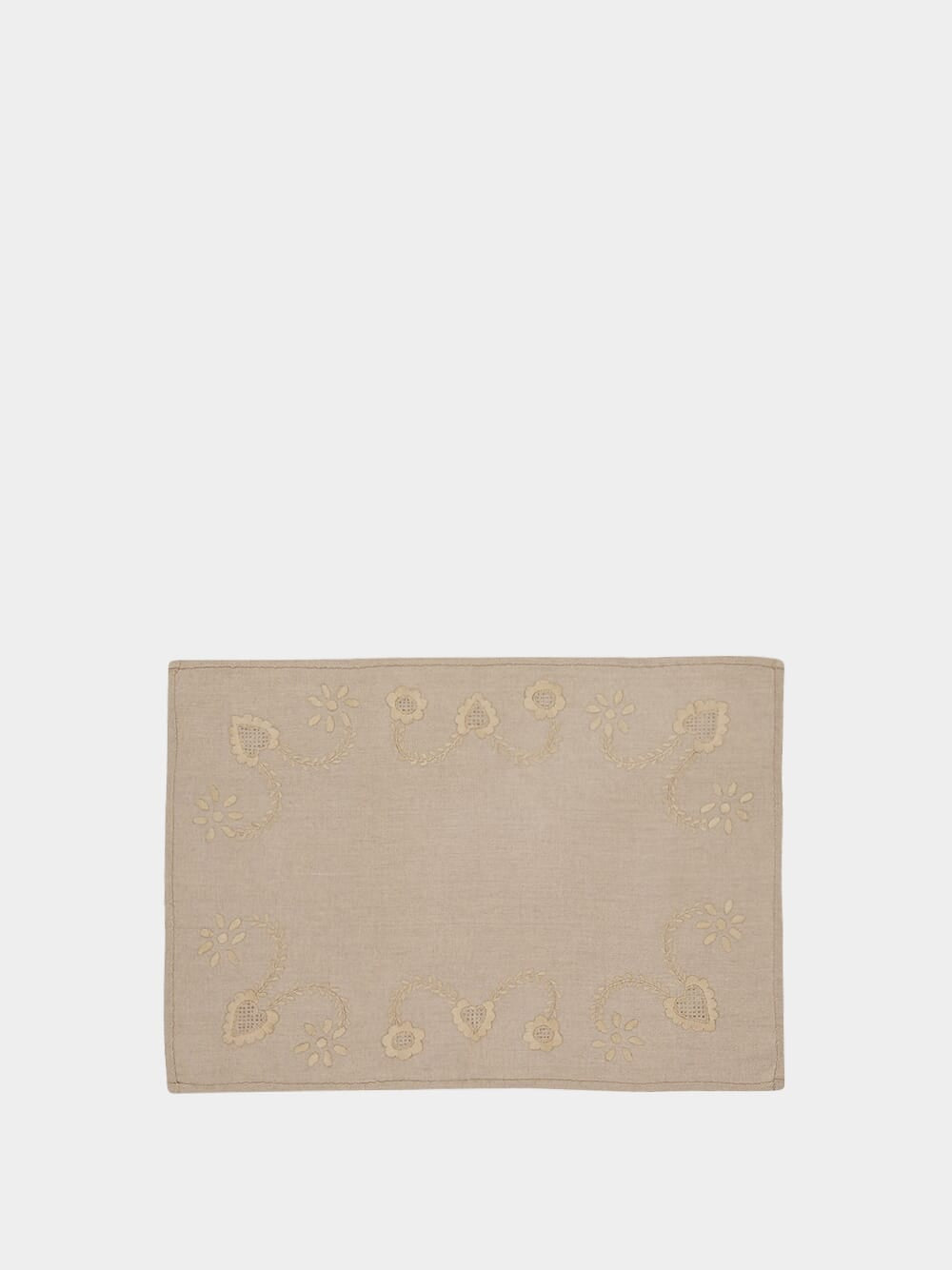 Hand-Embroidered Viana Beige Linen with Beige Embroidery Placemat and Napkin Set