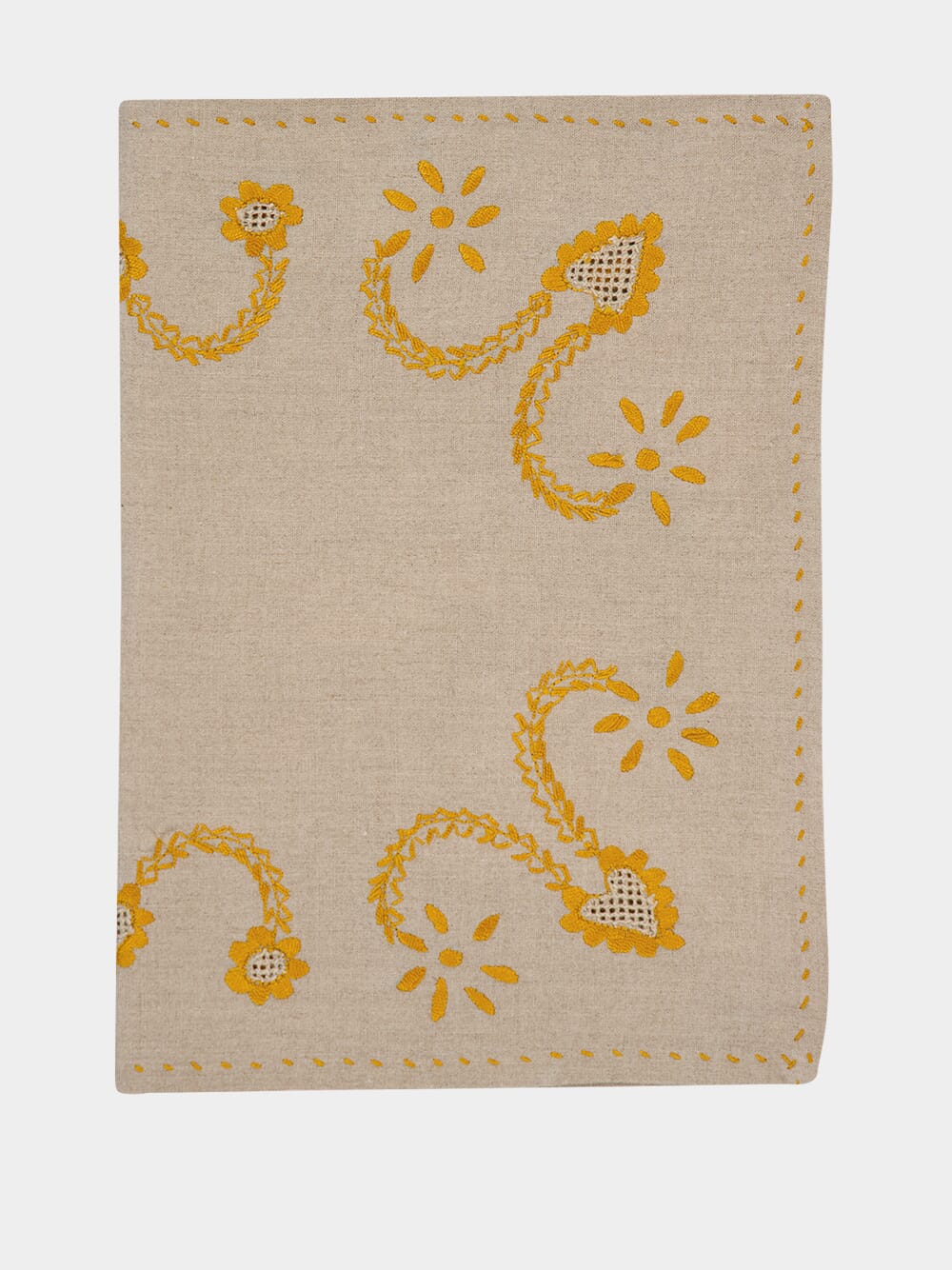 Hand-Embroidered Viana Beige Linen with Yellow Embroidery Placemat and Napkin Set