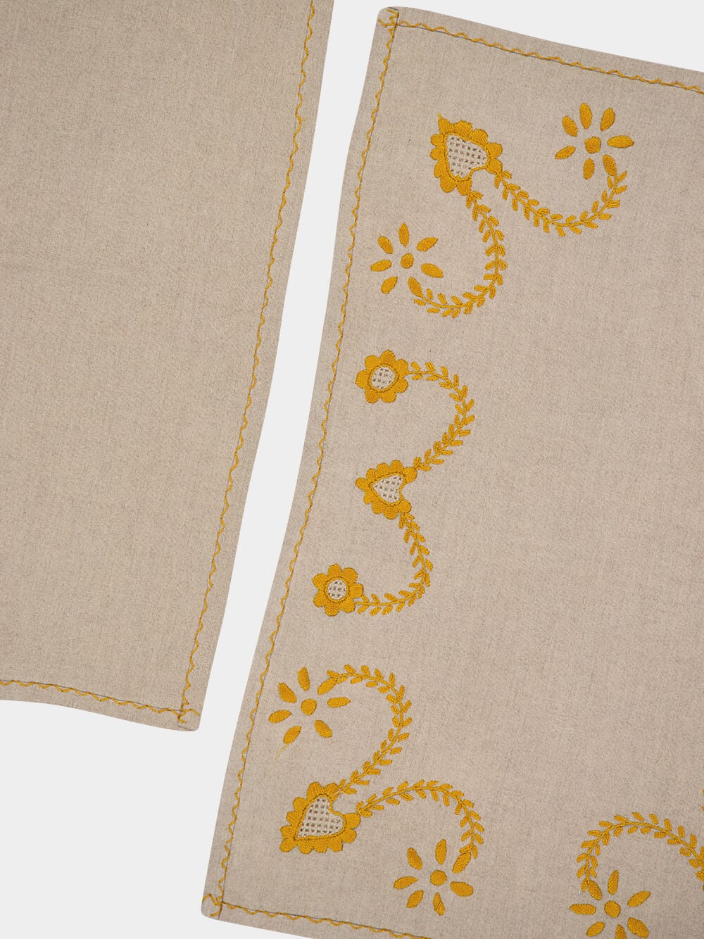 Hand-Embroidered Viana Beige Linen with Yellow Embroidery Placemat and Napkin Set