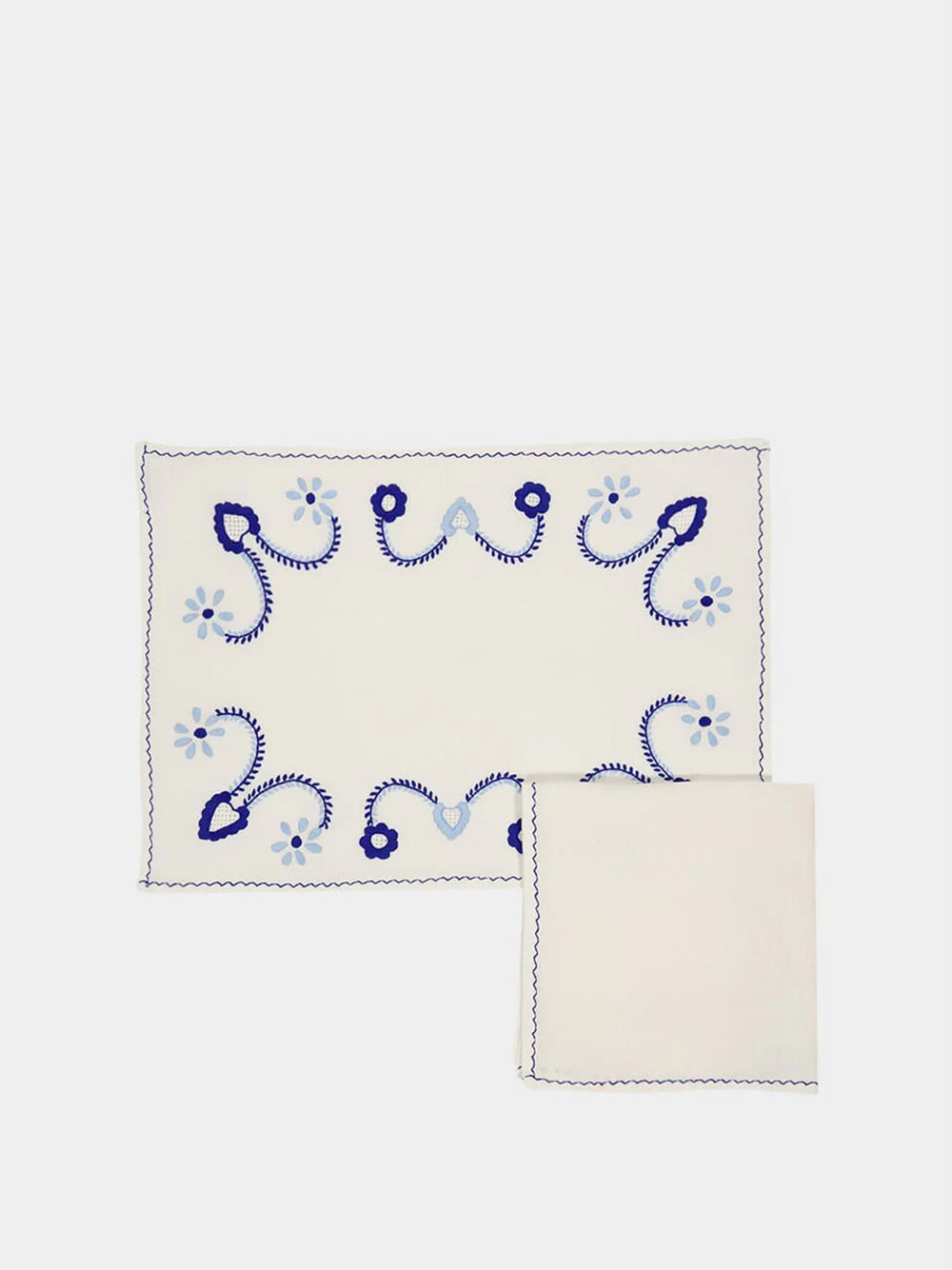 Hand-Embroidered Viana White Linen with Blue Embroidery Placemat and Napkin Set