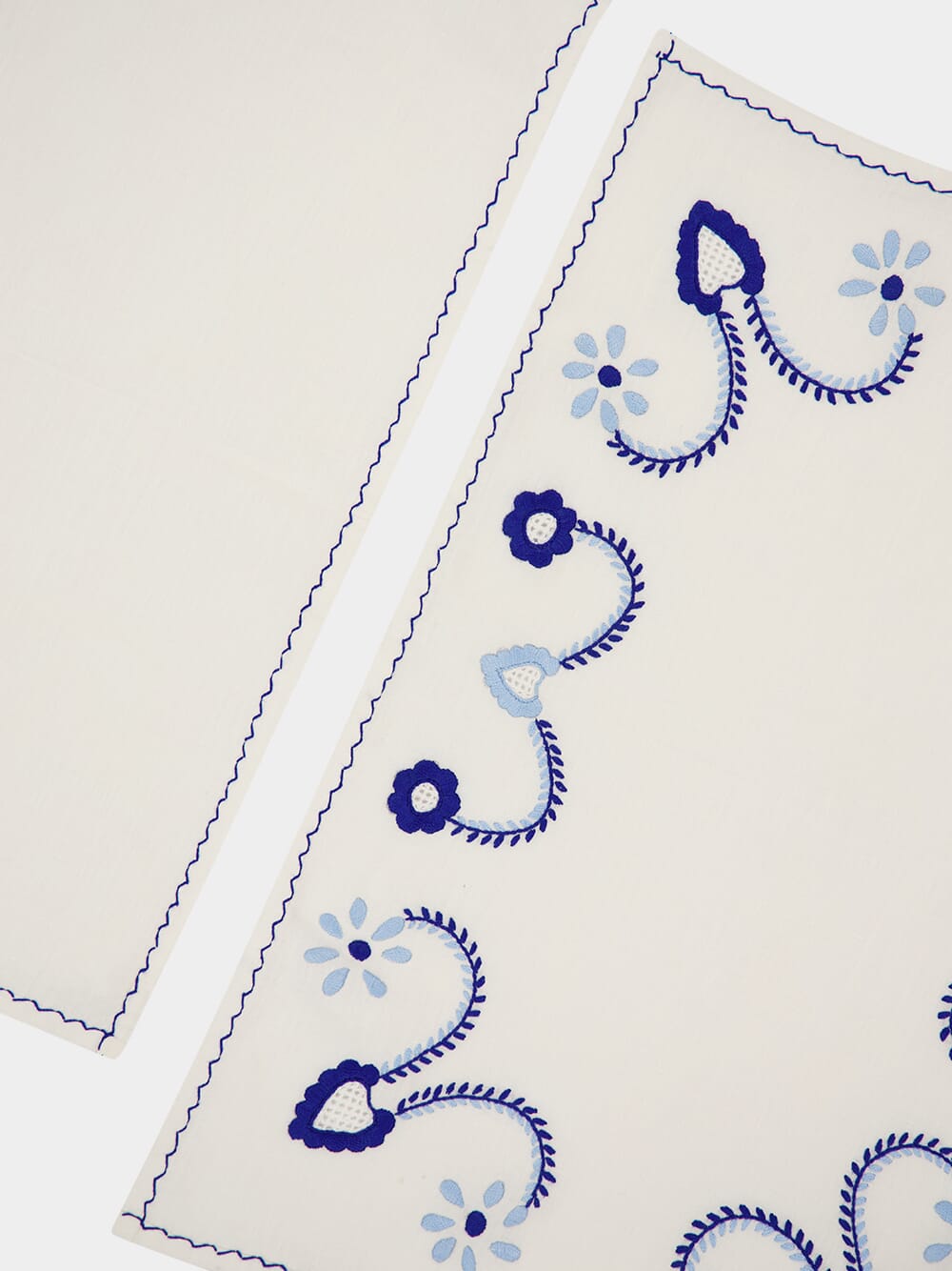 Hand-Embroidered Viana White Linen with Blue Embroidery Placemat and Napkin Set