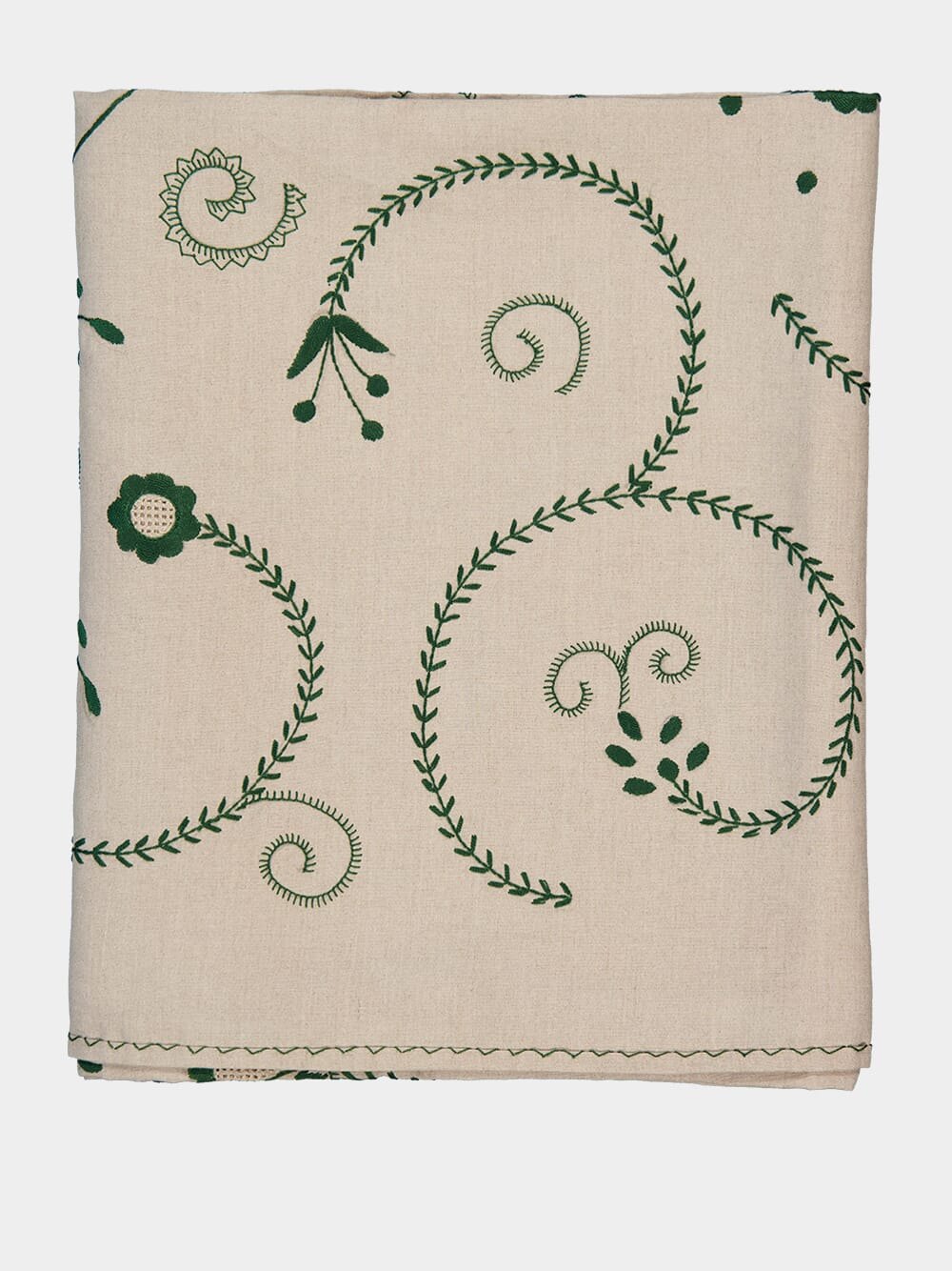 Hand-Embroidered Viana Beige Linen with Green Embroidery Tablecloth and Napkin Set