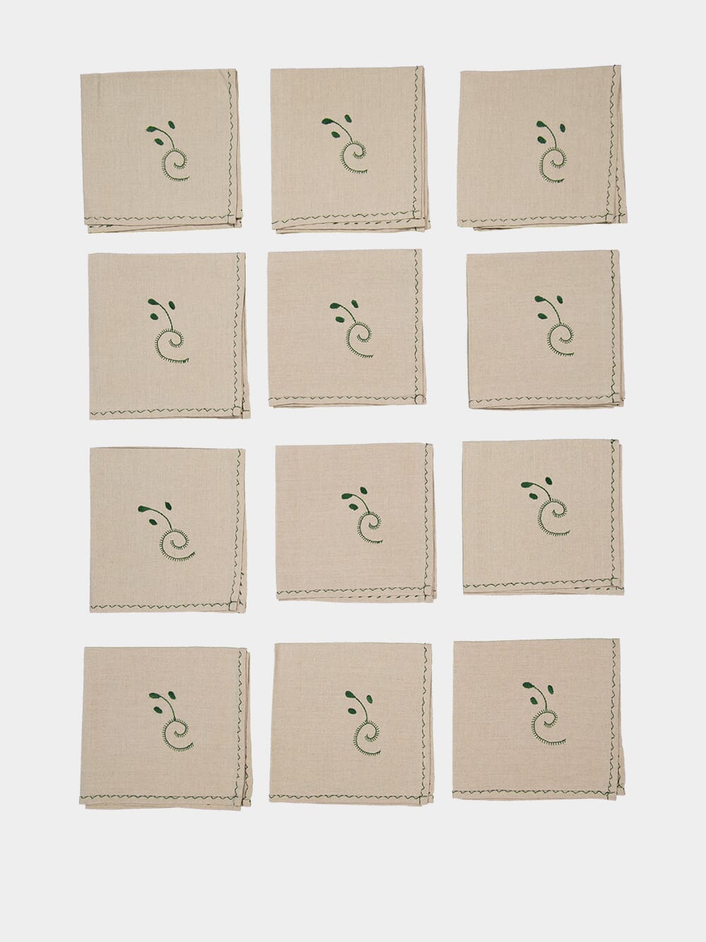 Hand-Embroidered Viana Beige Linen with Green Embroidery Tablecloth and Napkin Set