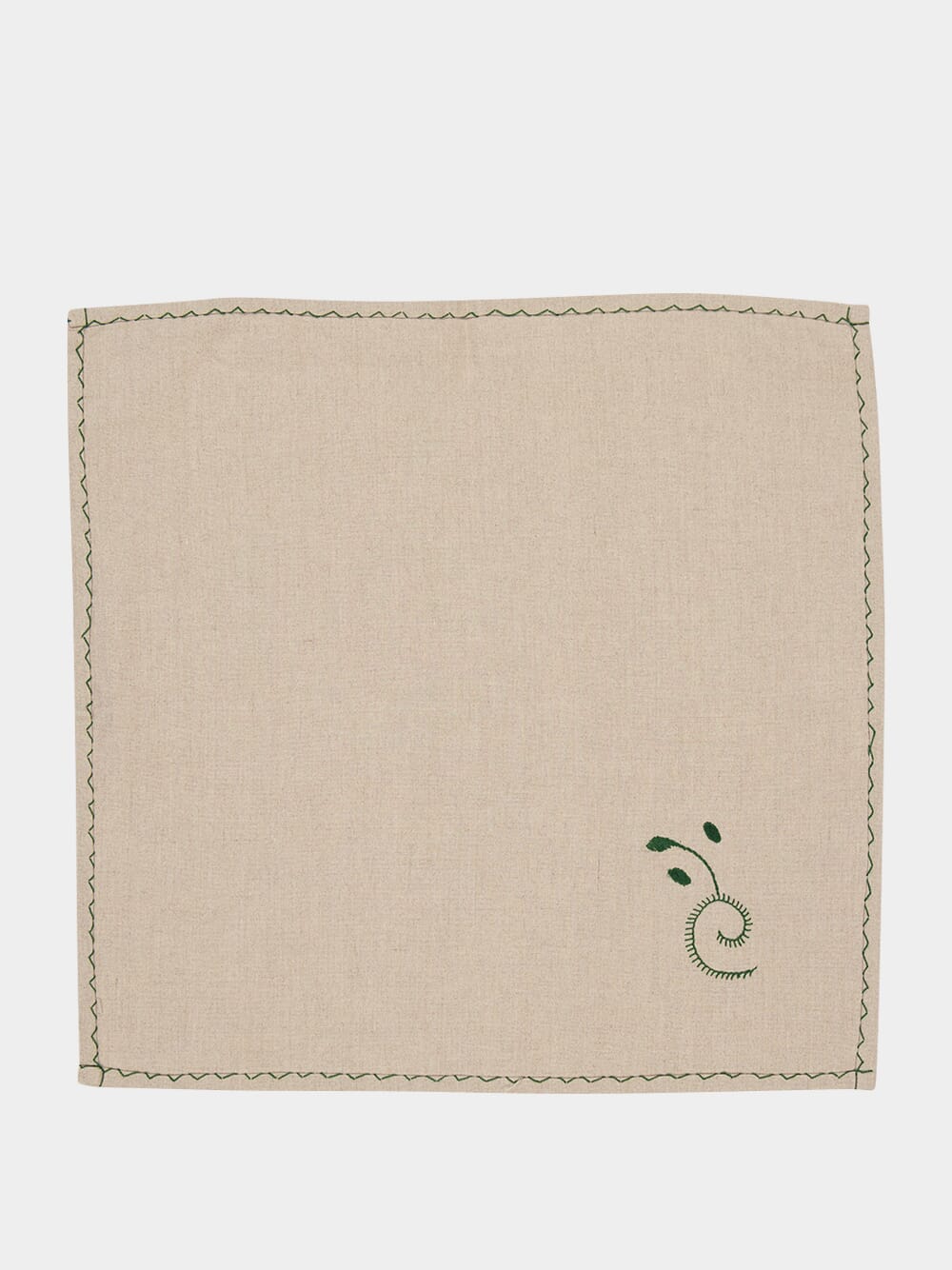 Hand-Embroidered Viana Beige Linen with Green Embroidery Tablecloth and Napkin Set