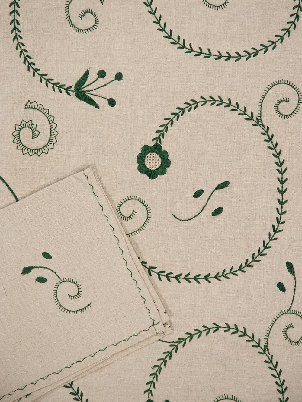 Hand-Embroidered Viana Beige Linen with Green Embroidery Tablecloth and Napkin Set