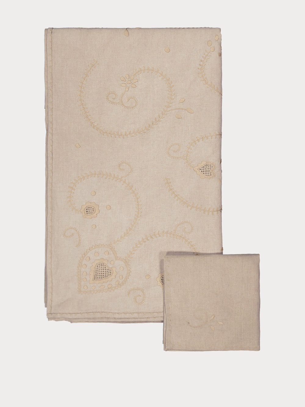 Hand-Embroidered Viana Beige Linen with Beige Embroidery Tablecloth and Napkin Set