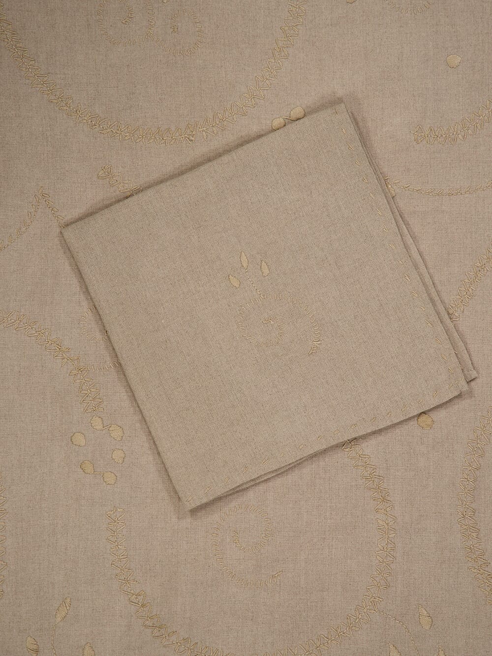 Hand-Embroidered Viana Beige Linen with Beige Embroidery Tablecloth and Napkin Set