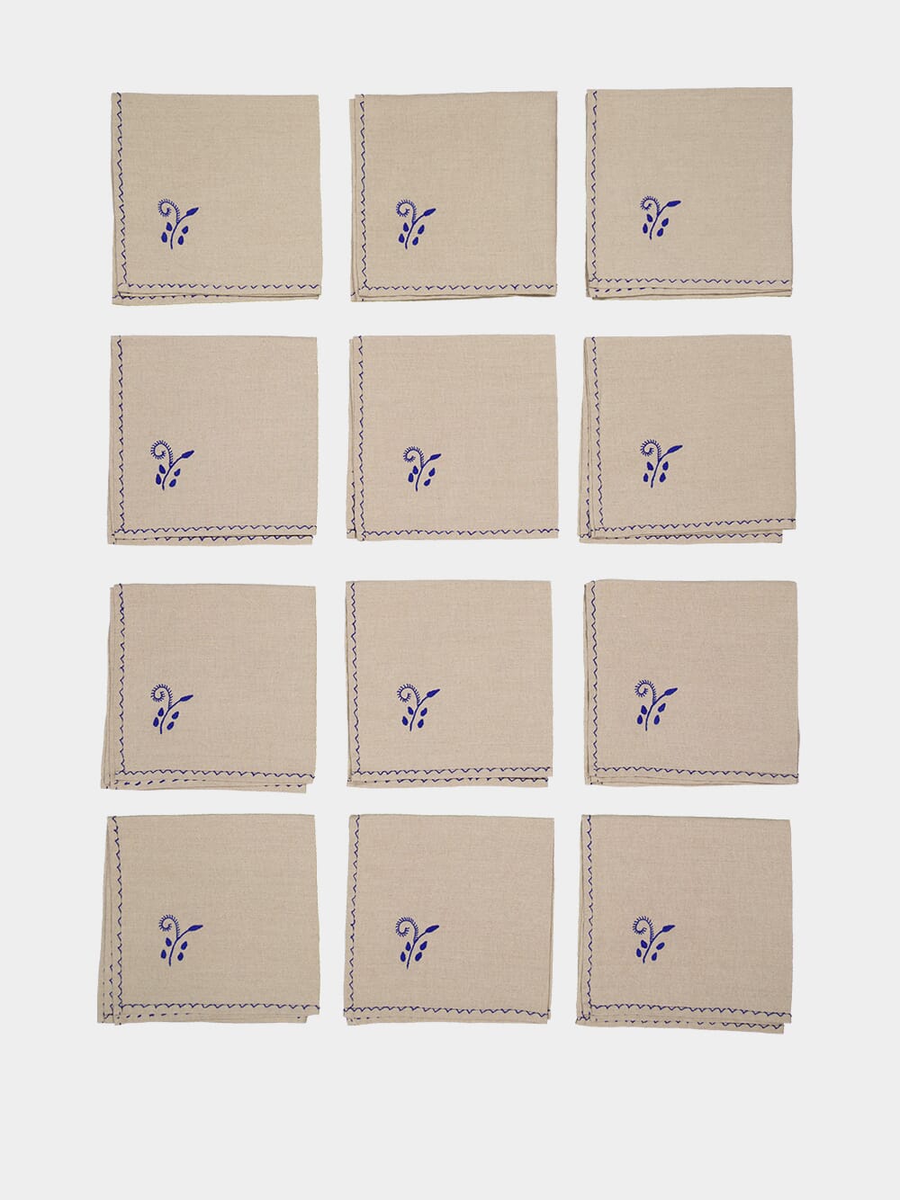 Hand-Embroidered Viana Beige Linen with Blue Embroidery Tablecloth and Napkin Set