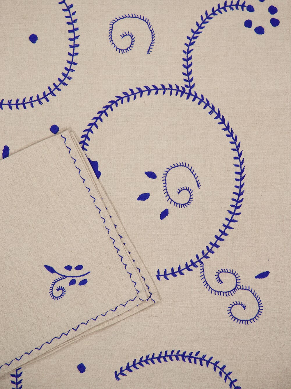 Hand-Embroidered Viana Beige Linen with Blue Embroidery Tablecloth and Napkin Set