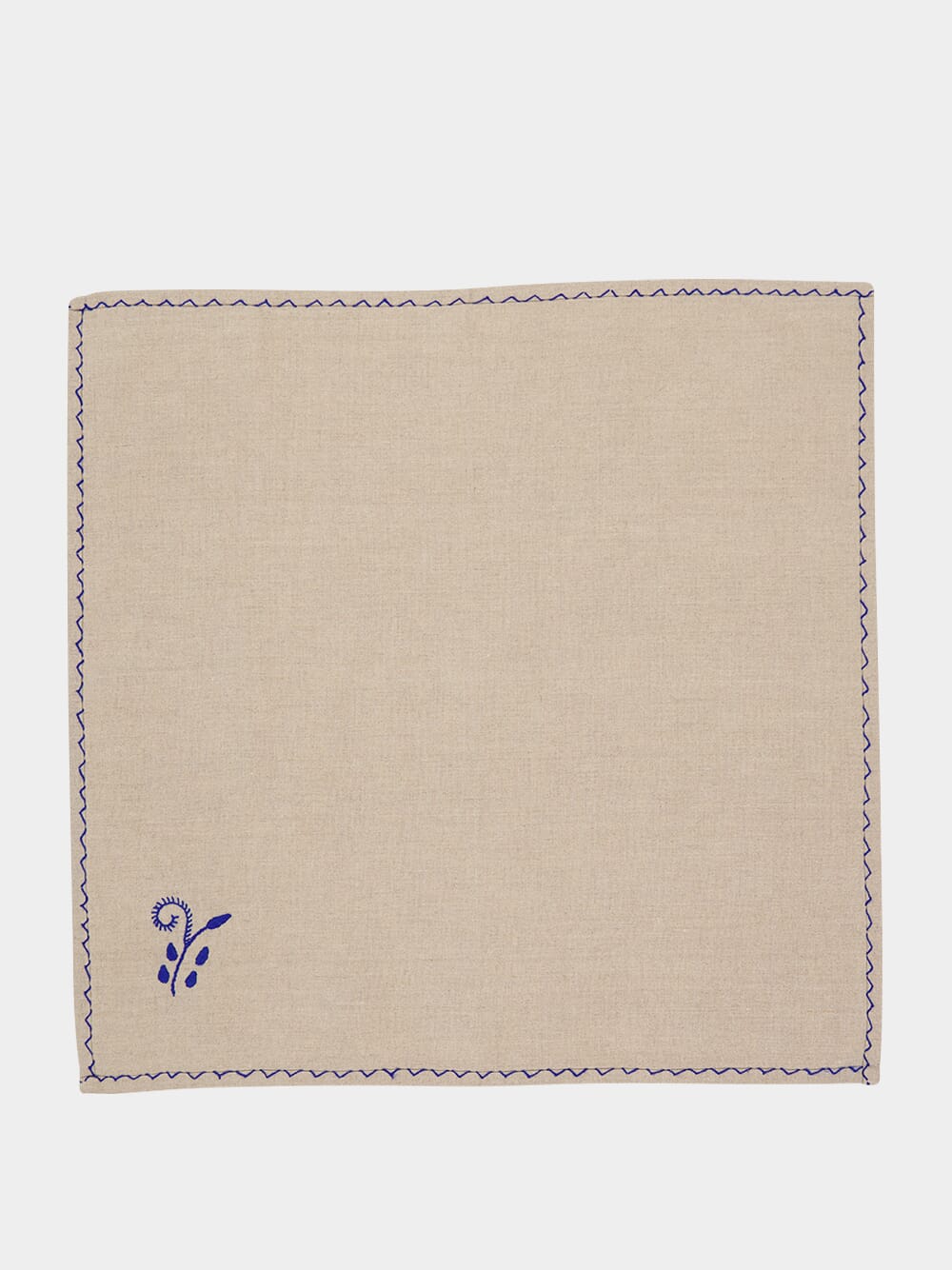 Hand-Embroidered Viana Beige Linen with Blue Embroidery Tablecloth and Napkin Set