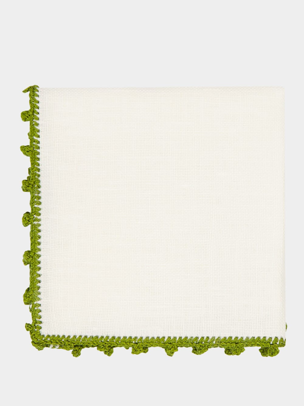 Hand-Embroidered Teresa White Linen with Dark Green Crochet Cocktail Napkin
