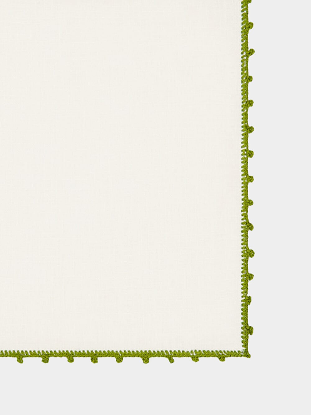 Hand-Embroidered Teresa White Linen with Dark Green Crochet Cocktail Napkin