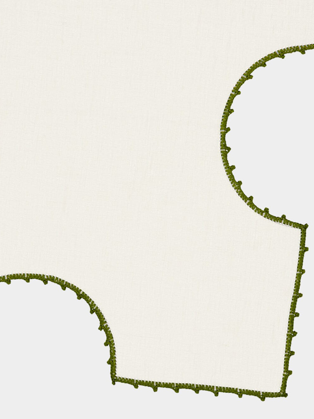 Hand-Embroidered Teresa White Linen with Dark Green Crochet Bread Basket Cloth