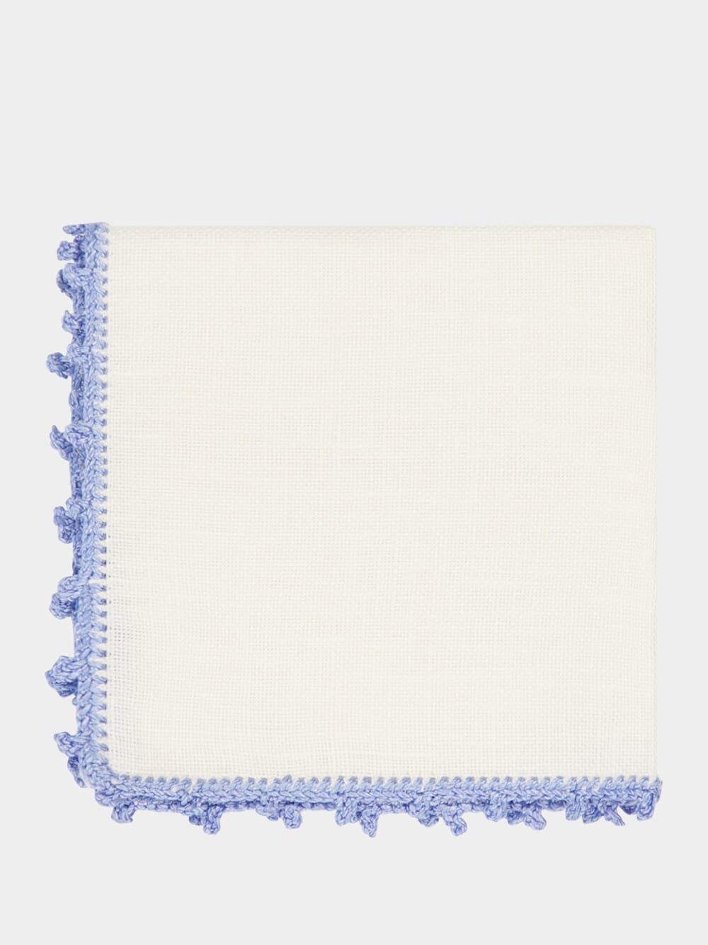 Hand-Embroidered Teresa White Linen with Light Blue Crochet Cocktail Napkin