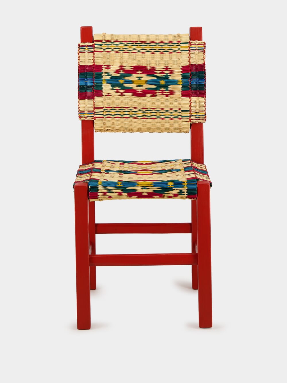 Handmade Coruche Red Wood and Multicoloured Reed Dining Chair