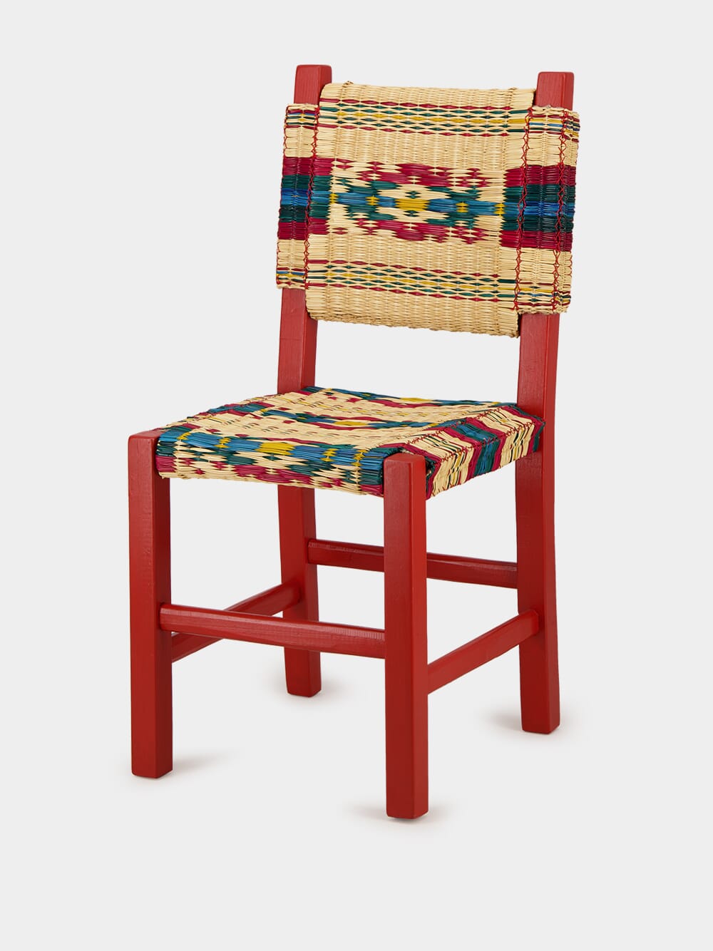 Handmade Coruche Red Wood and Multicoloured Reed Dining Chair