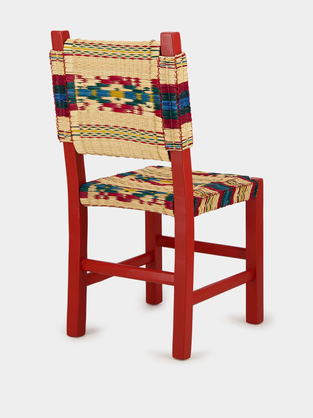 Handmade Coruche Red Wood and Multicoloured Reed Dining Chair