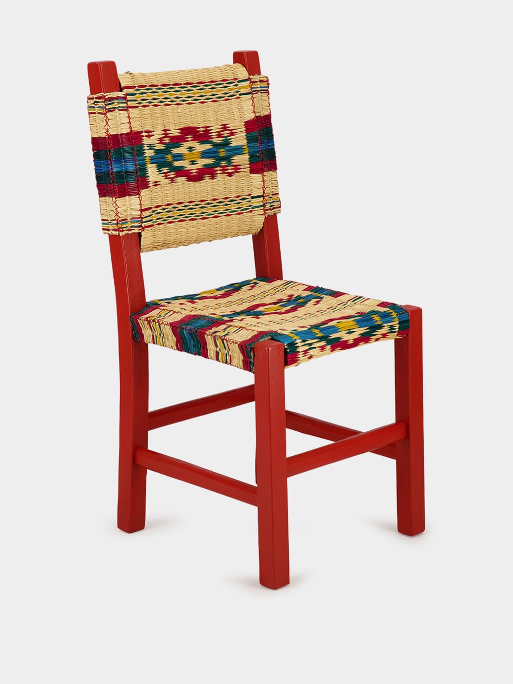 Handmade Coruche Red Wood and Multicoloured Reed Dining Chair