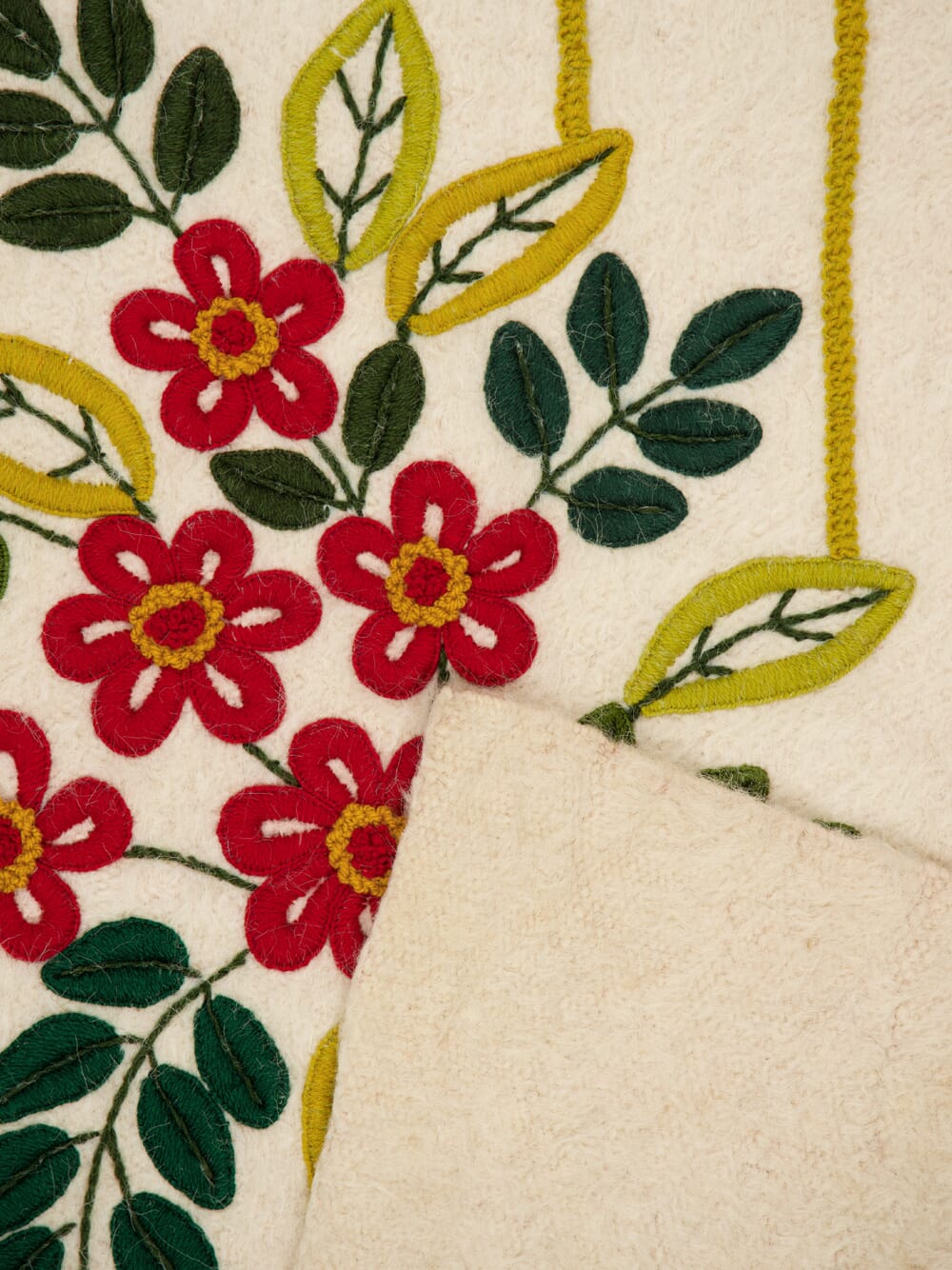 Hand-Embroidered Mécia Natural Wool Flower Embroidered Blanket