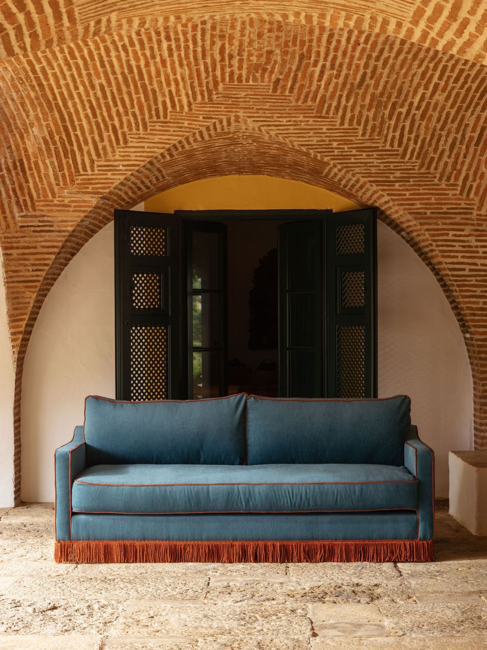 Afonso Blue and Brick Velvet Sofa