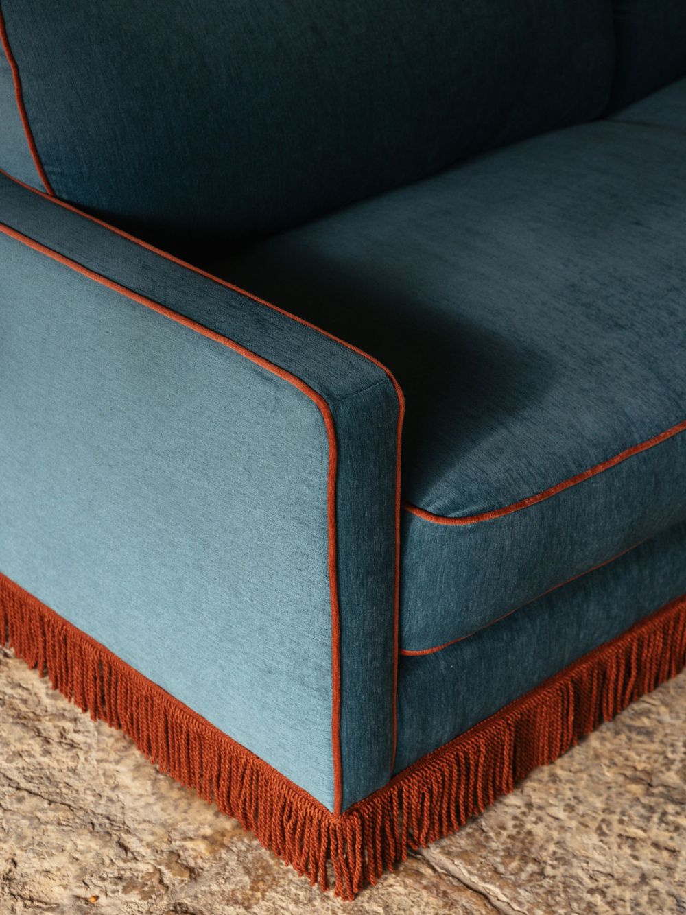 Afonso Blue and Brick Wood Velvet Sofa