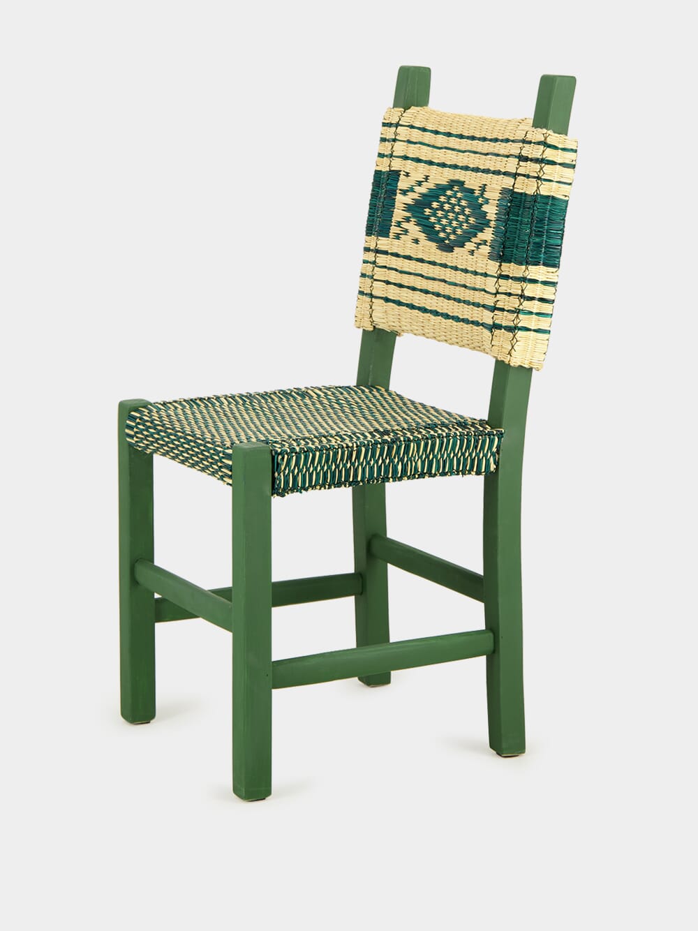 Handmade Coruche Green Wood and Reed Dining Chair