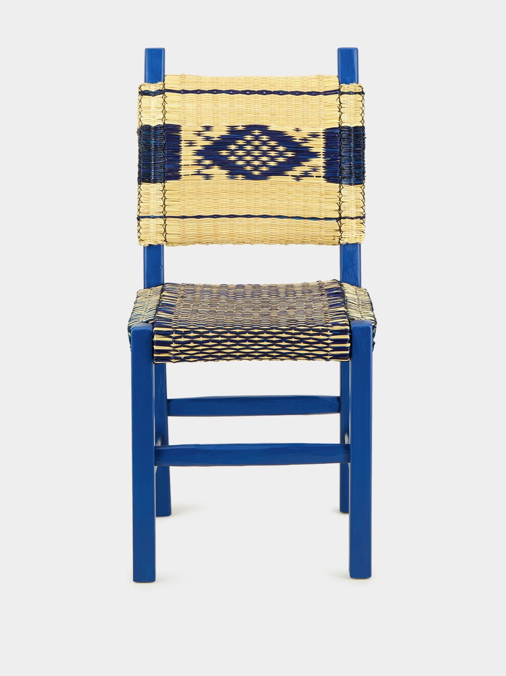 Handmade Coruche Blue Wood and Reed Dining Chair
