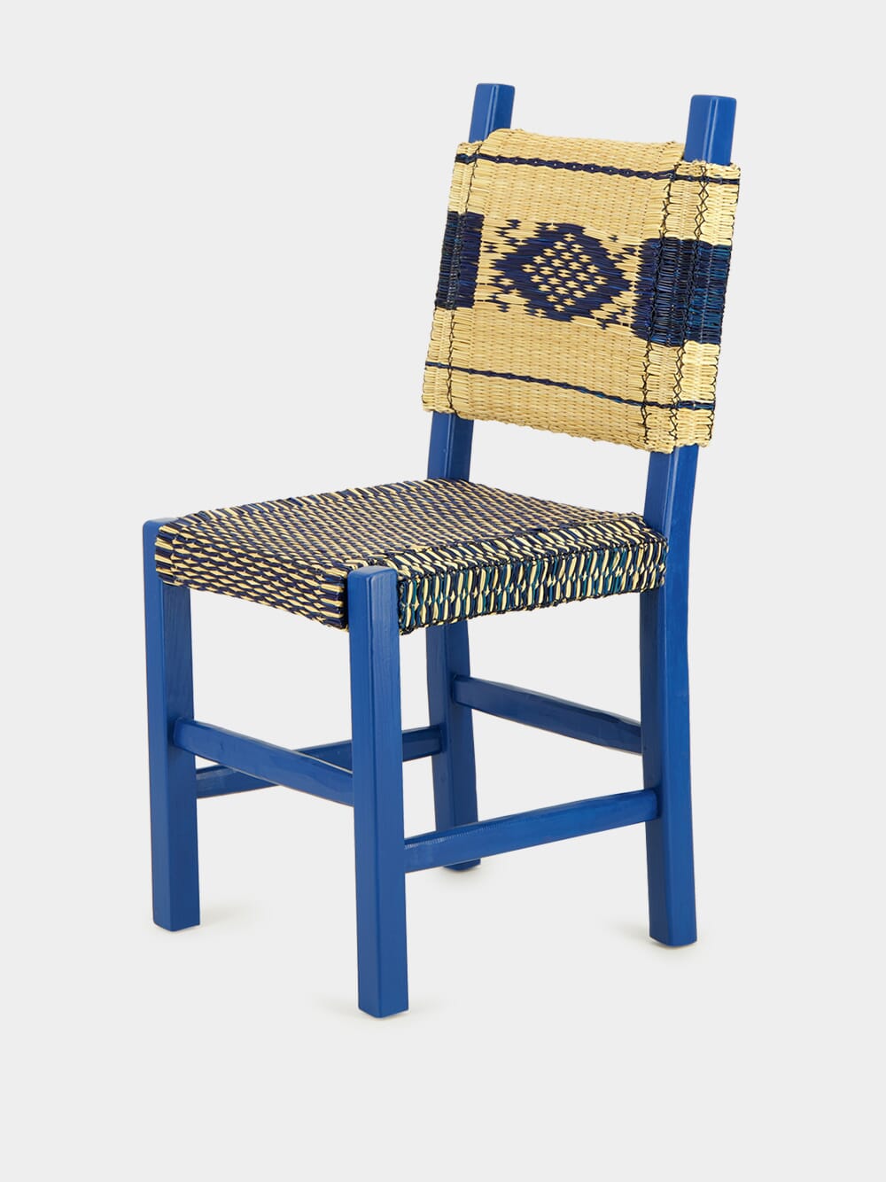 Handmade Coruche Blue Wood and Reed Dining Chair