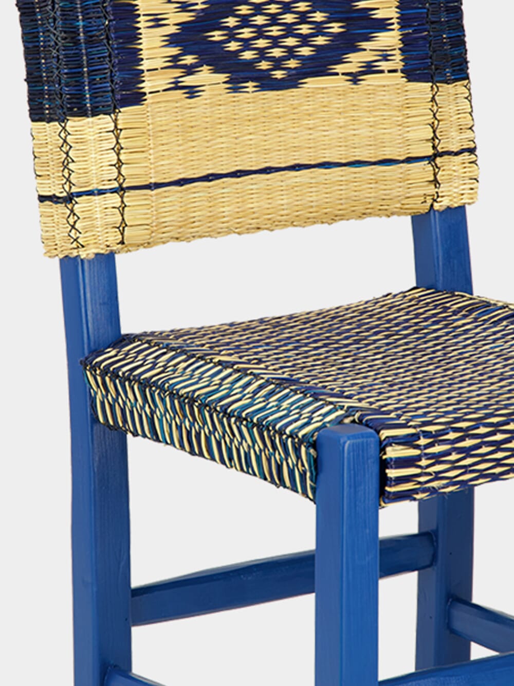 Handmade Coruche Blue Wood and Reed Dining Chair