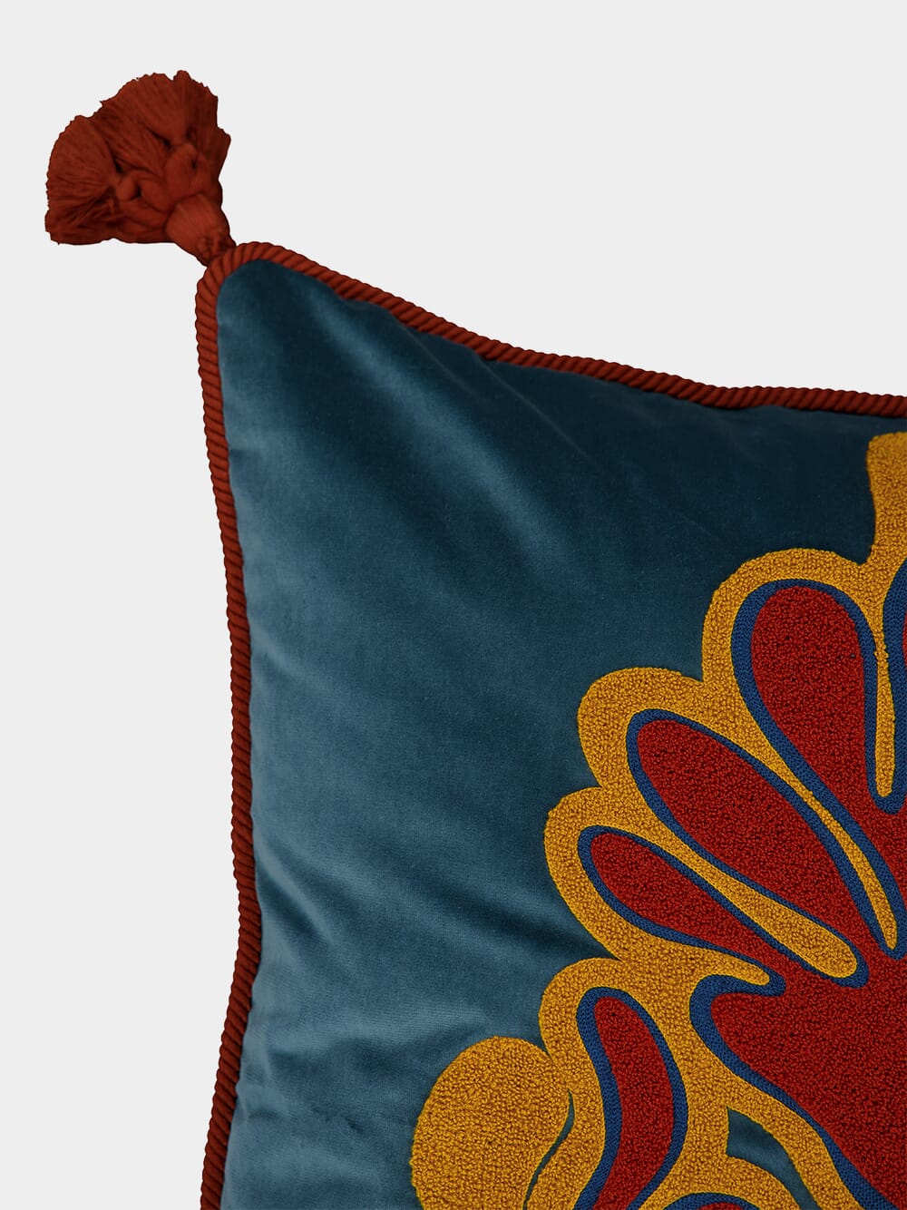 Teles Blue Velvet and Chenille Embroidered Cushion