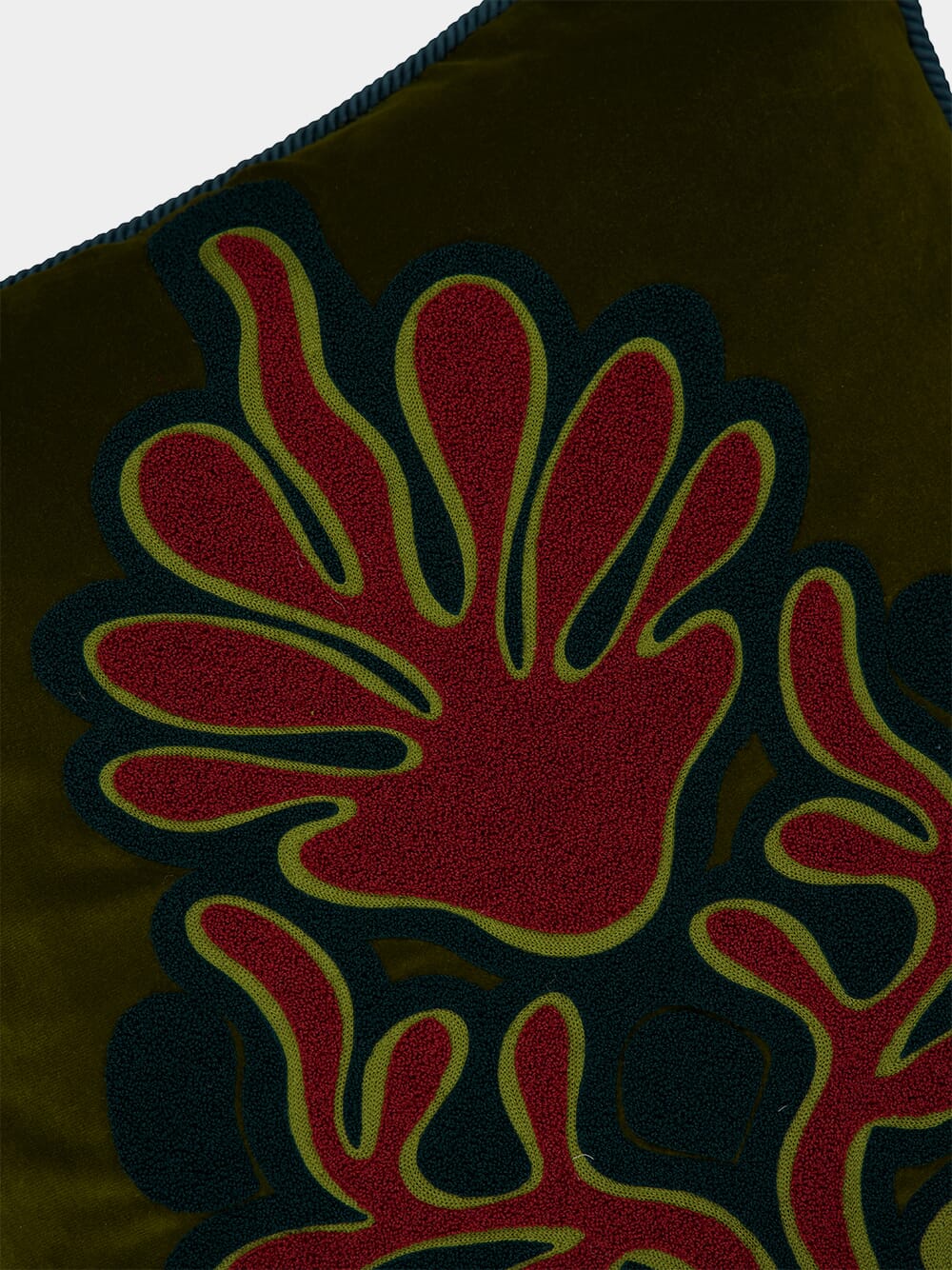 Afonso Dark Green Velvet and Chenille Embroidered Cushion