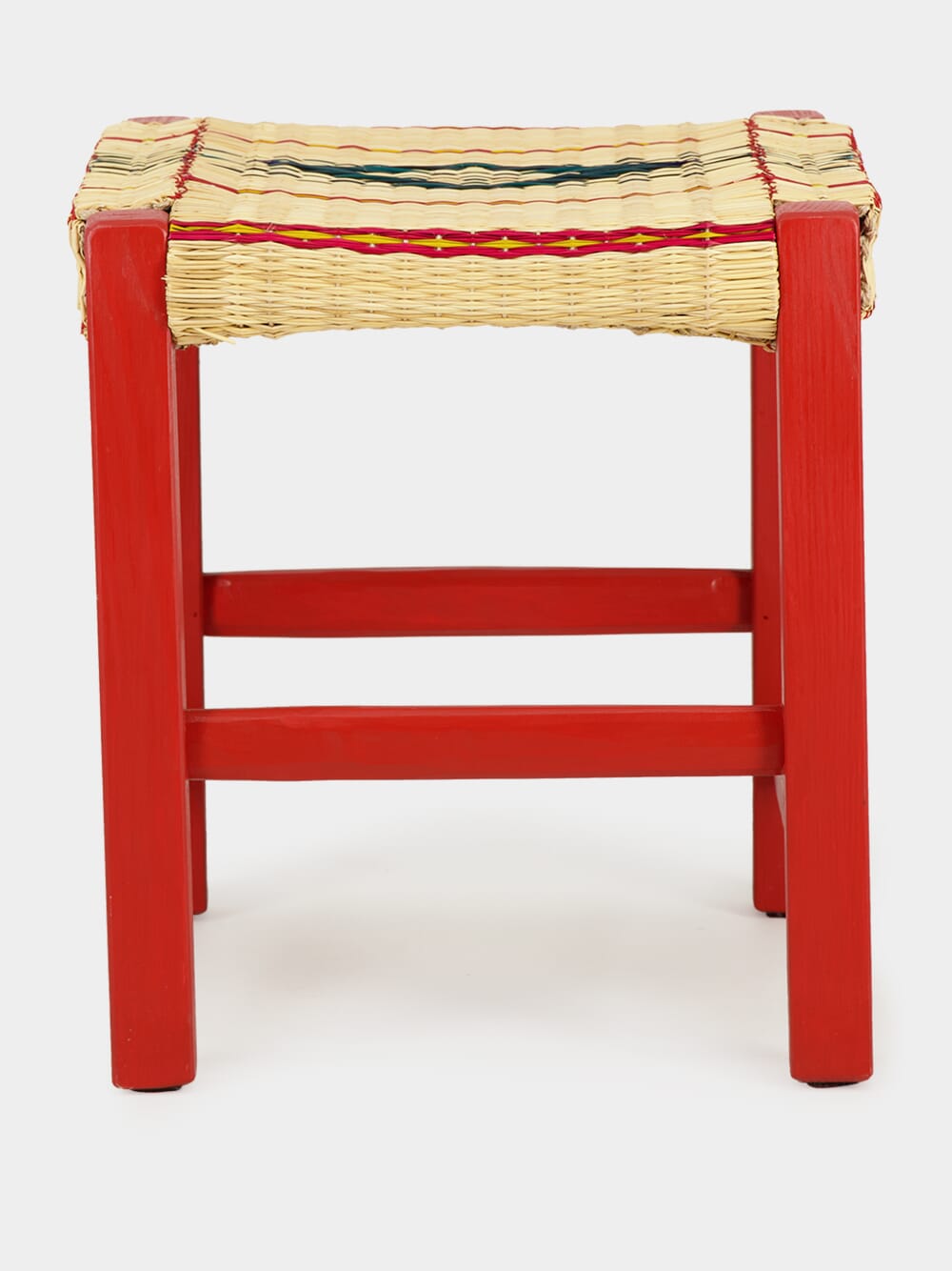 Handmade Coruche Red Wood and Multicoloured Reed Stool