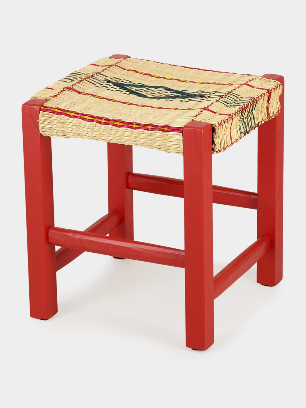 Handmade Coruche Red Wood and Multicoloured Reed Stool
