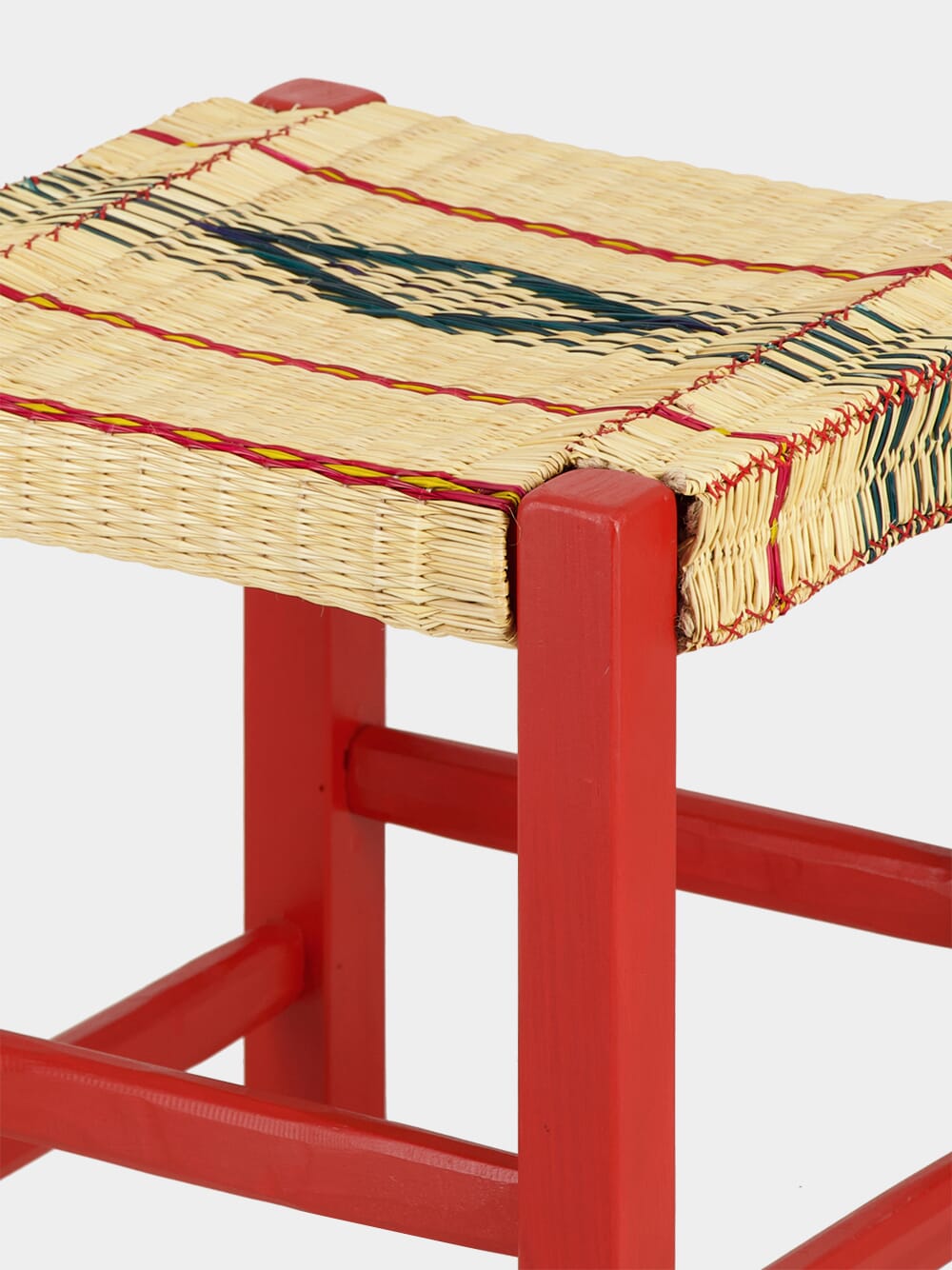 Handmade Coruche Red Wood and Multicoloured Reed Stool
