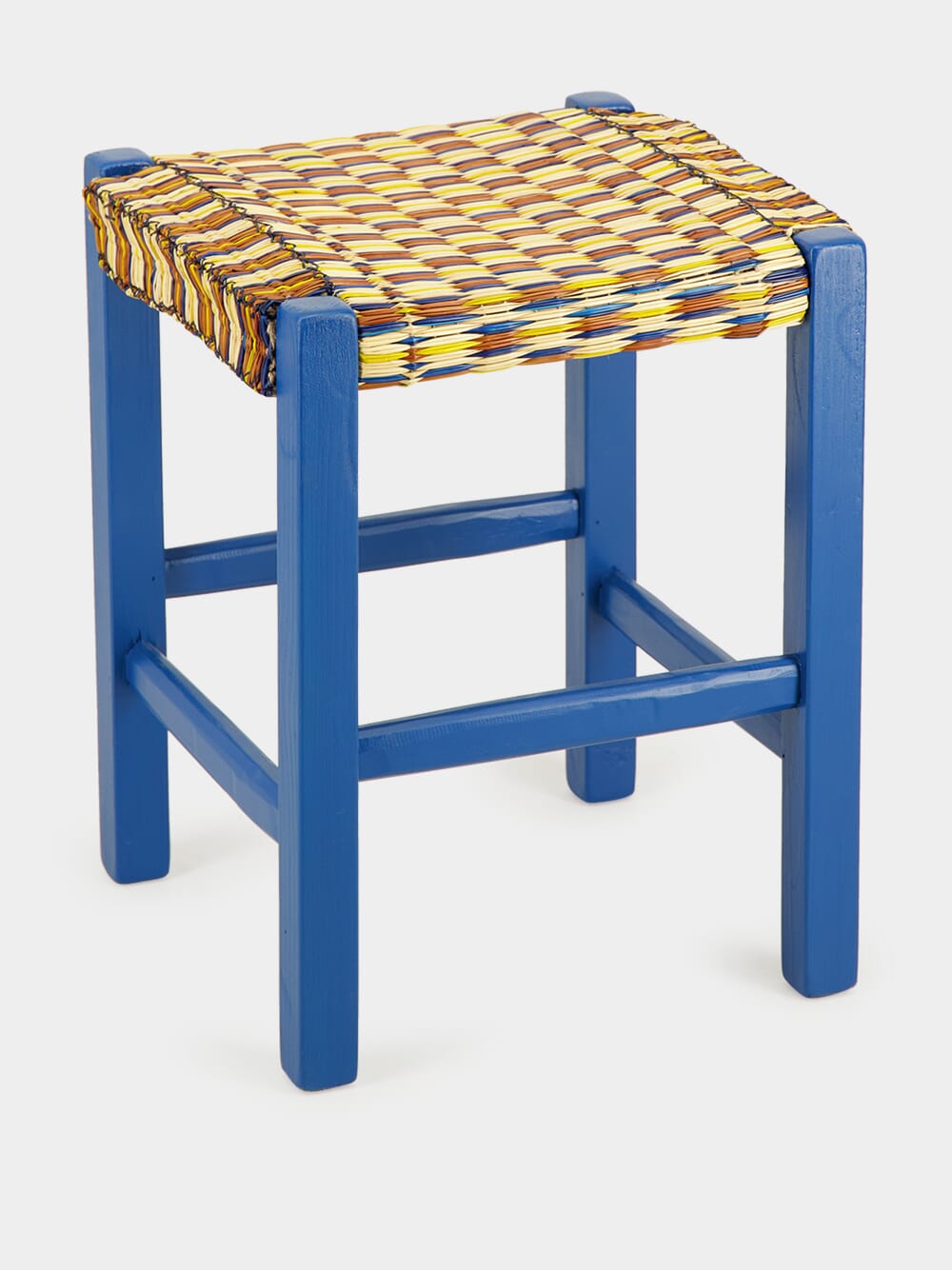 Handmade Coruche Blue Wood and Multicoloured Reed Stool