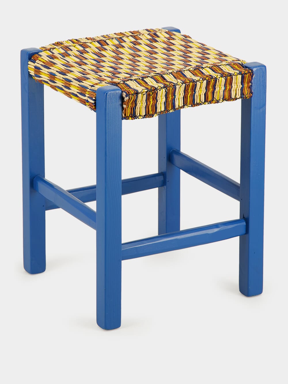 Handmade Coruche Blue Wood and Multicoloured Reed Stool
