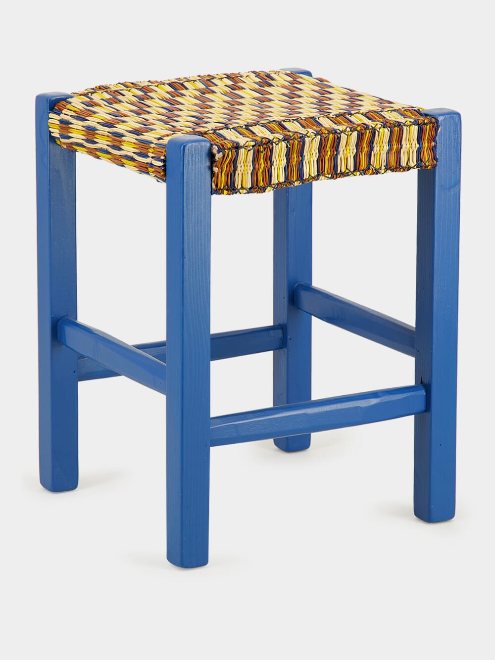 Handmade Coruche Blue Wood and Multicoloured Reed Stool