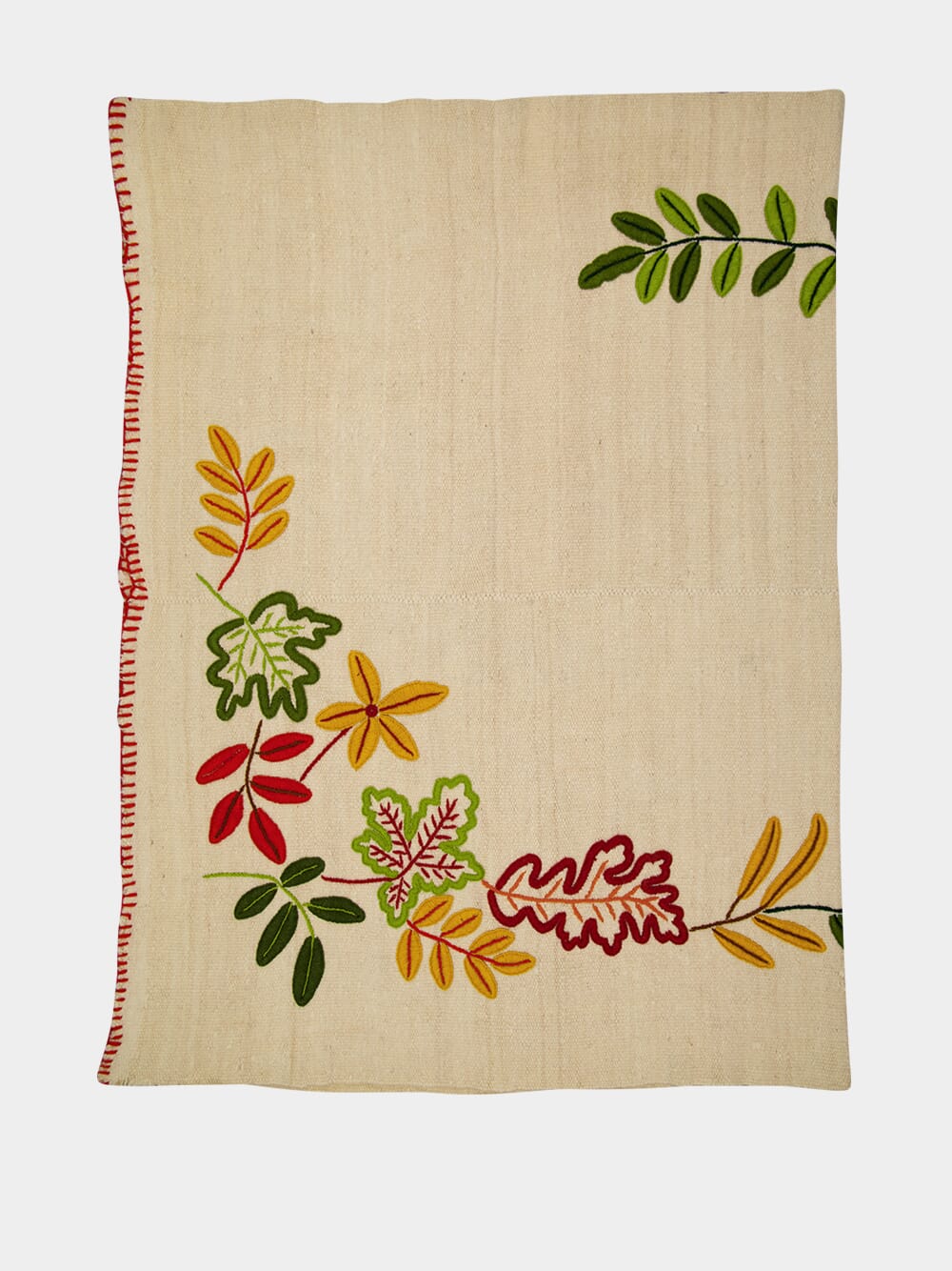 Hand-Embroidered Mécia Natural Wool Leaf Embroidered Blanket