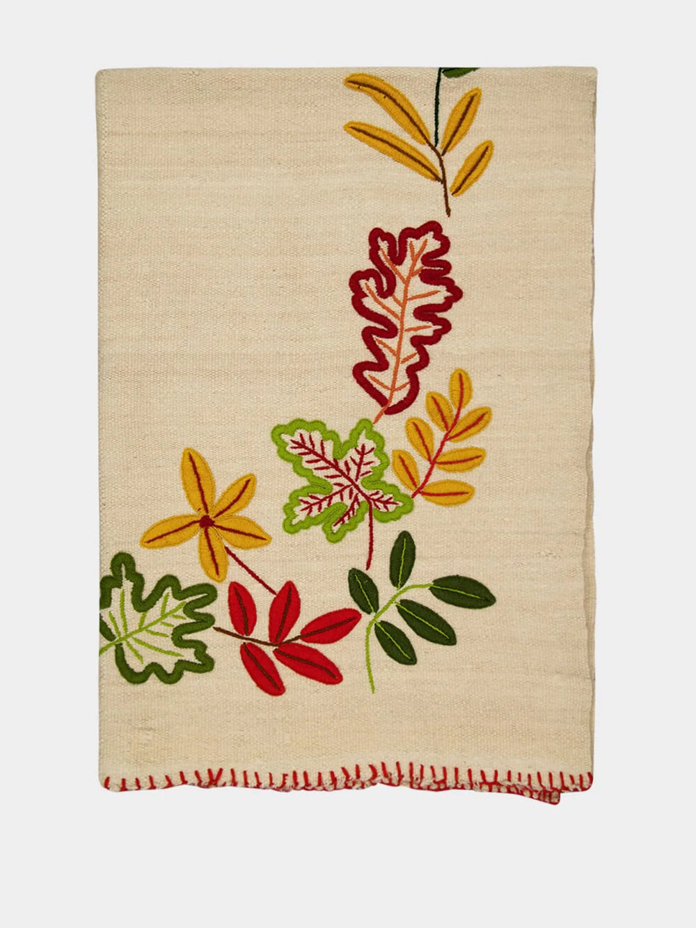 Hand-Embroidered Mécia Natural Wool Leaf Embroidered Blanket
