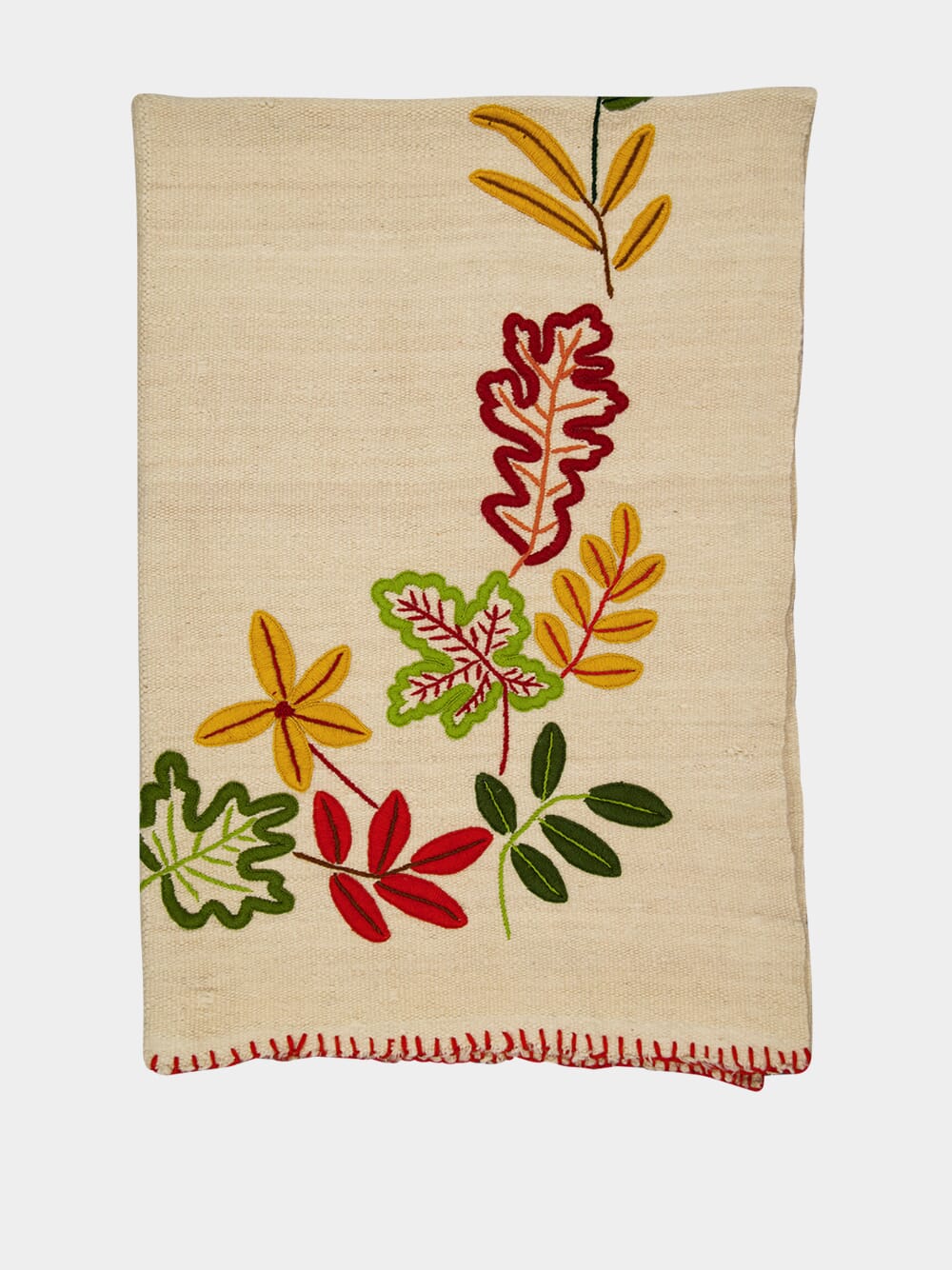 Hand-Embroidered Mécia Natural Wool Leaf Embroidered Blanket