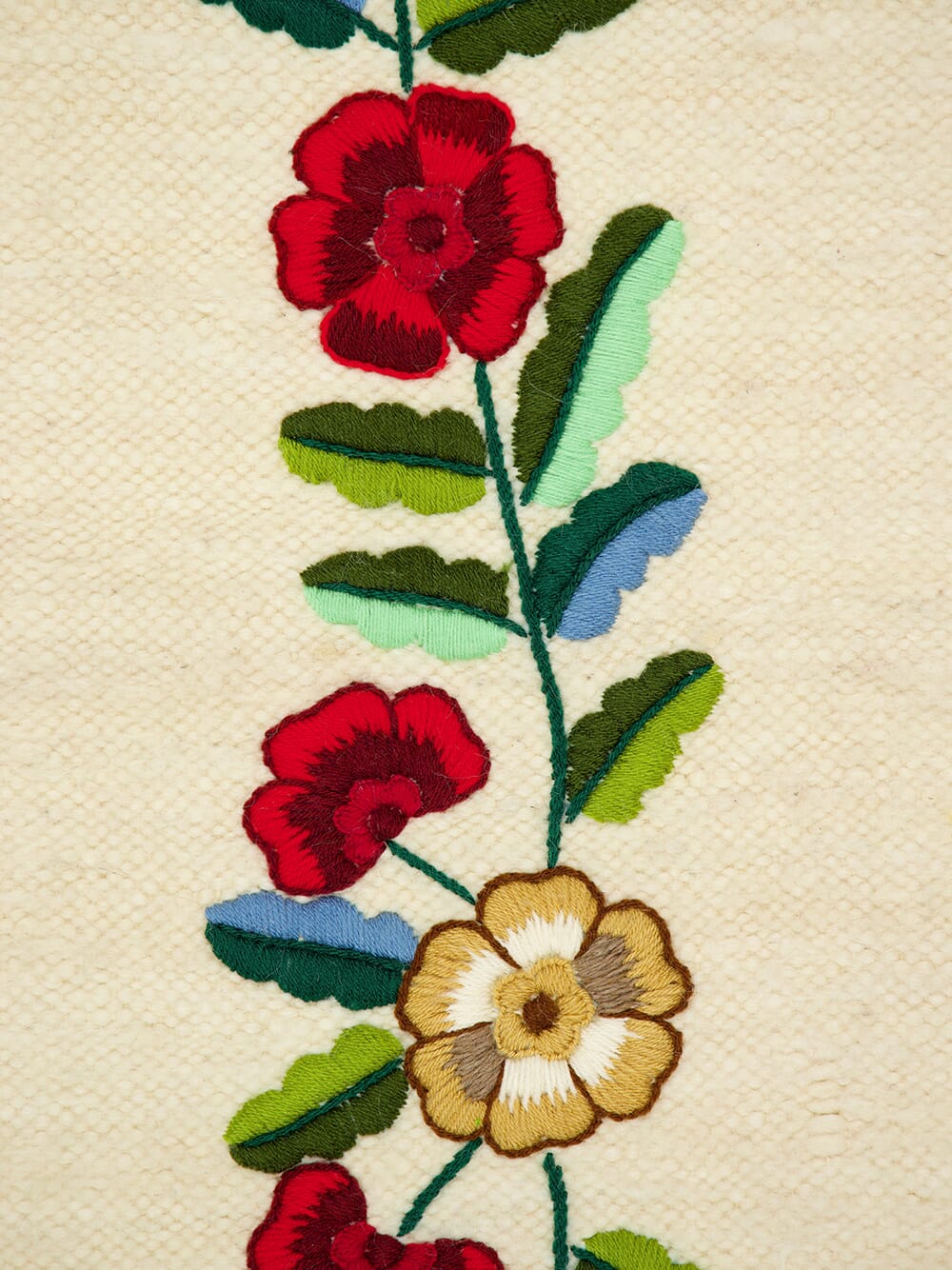 Hand-Embroidered Mécia Natural Wool Flower and Leaf Embroidered Blanket